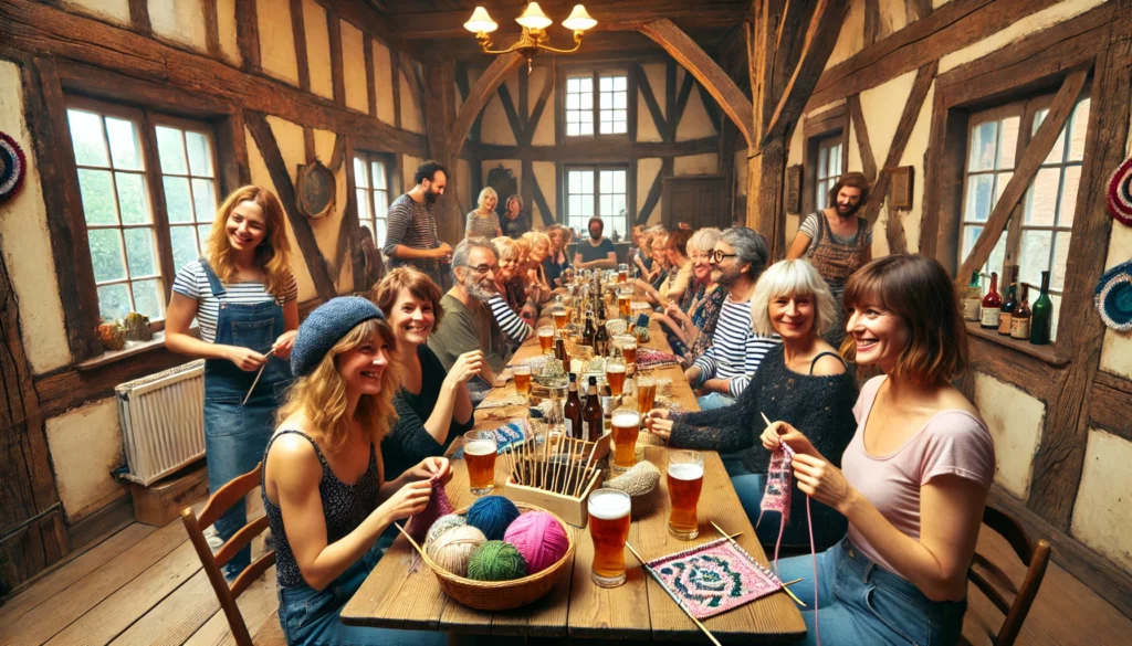 Please create an image with a group of 10-15 people, mostly women, who are a part of a workshop called "knitting and drinking". They are sitting around a table in an an old half-timbering room. A female bartender is making drinks for the participants while two other instructors are showing and talking about fancy knitting projects. The everyone is having fun.