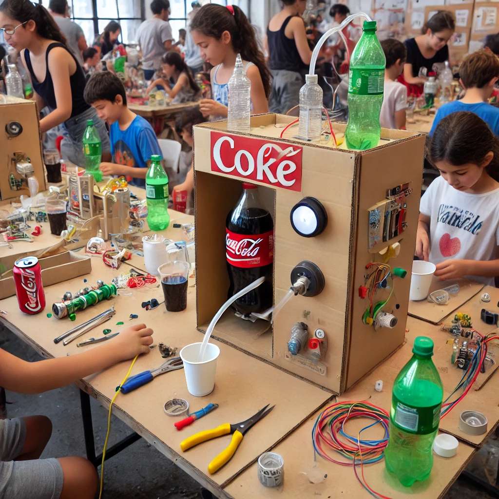 Draw me a picture of a childrens workshop where a number of children together with some adults build their own soda dispensing machines. Each kid is building their own soda dispensing machine which is build from cardboard, so that it looks like a simple vending machine, and contains one large bottle of coke, some a button, electrical wires from the button to a small pump and a tube from inside the bottle that is pumped into a cup or glass using pressured air that is pumped into the bottle from the pump.