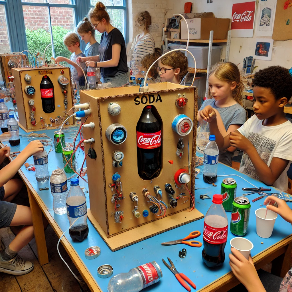 Draw me a picture of a childrens workshop where a number of children together with some adults build their own soda dispensing machines. Each kid is building their own soda dispensing machine which is build from cardboard, so that it looks like a simple vending machine, and contains one large bottle of coke, some a button, electrical wires from the button to a small pump and a tube from inside the bottle that is pumped into a cup or glass using pressured air that is pumped into the bottle from the pump.