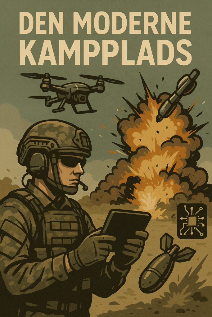 ChatGPT: Lav en illustration til en talk med overskriften "Den moderne kampplads" og teksten "(fra programmet)". ChatGPT returnere noget med knive etc.. Update 1: "Det er til programmet, så måske mere illustration og mindre tekst. Gerne noget med droner, teknologi, eksplotioner/granater etc."
